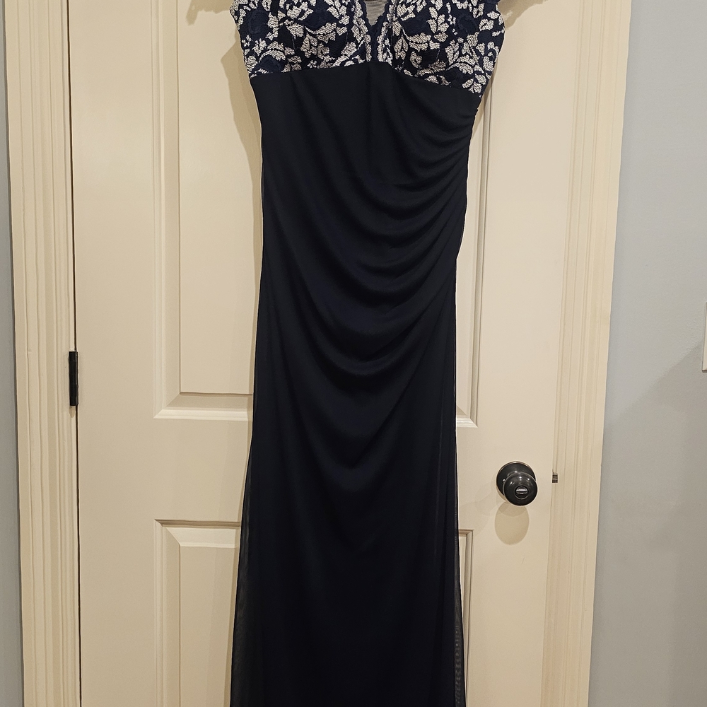 Betsy & Adam Black Maxi Dress with Silver Floral Bodice